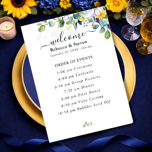 Elegant floral yellow and blue watercolor wedding programme