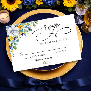 Elegant floral yellow and blue watercolor wedding RSVP card