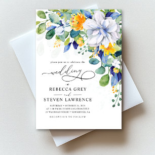 Elegant floral yellow and blue wedding photo invitation