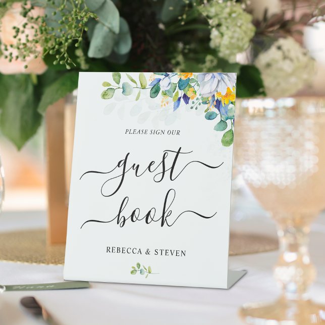 Elegant floral yellow blue white wedding  pedestal sign (Creator Uploaded)