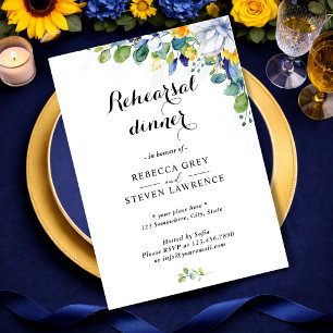 Elegant floral yellow blue white wedding rehearsal invitation