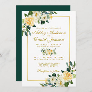 Elegant Floral Yellow Gold Hunter Green Wedding Invitation
