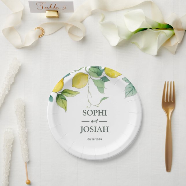 Elegant floral yellow lime lemon wedding paper plate (Wedding)