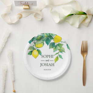 Elegant floral yellow lime white blue wedding paper plate