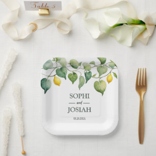 Elegant floral yellow lime white blue wedding paper plate