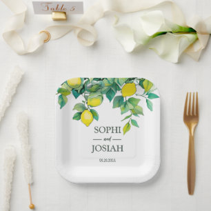 Elegant floral yellow lime white blue wedding paper plate