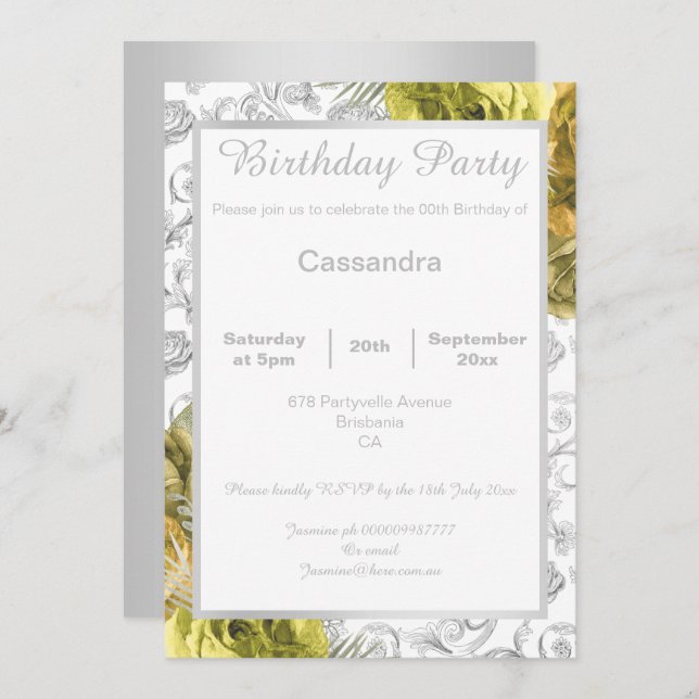 ELEGANT FLORAL YELLOW SILVER BORDER BIRTHDAY INVITATION (Front/Back)