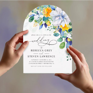 Elegant floral yellow white blue arch wedding  invitation