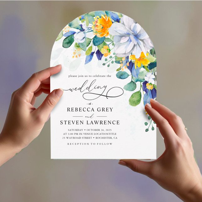 Elegant floral yellow white blue arch wedding  invitation (Creator Uploaded)