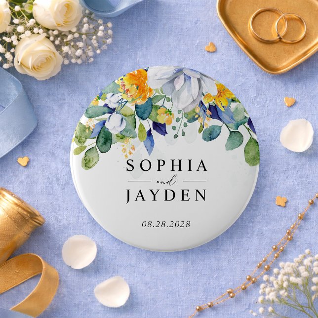 Elegant floral yellow white blue wedding 10 cm round badge (Creator Uploaded)