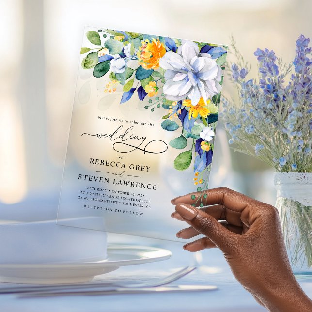 Elegant floral yellow white blue wedding  acrylic invitations (Creator Uploaded)