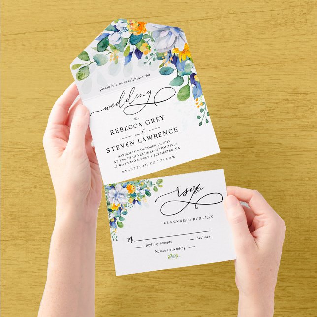 Elegant floral yellow white blue wedding  all in one invitation (Creator Uploaded)