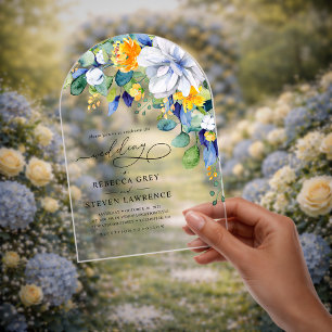Elegant floral yellow white blue wedding arch acrylic invitations