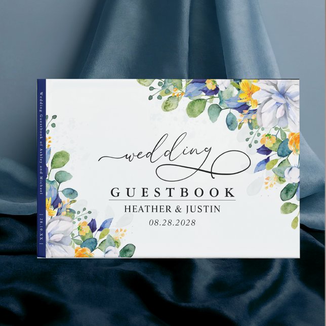 Elegant floral yellow white blue Wedding  Guest Book (Creator Uploaded)