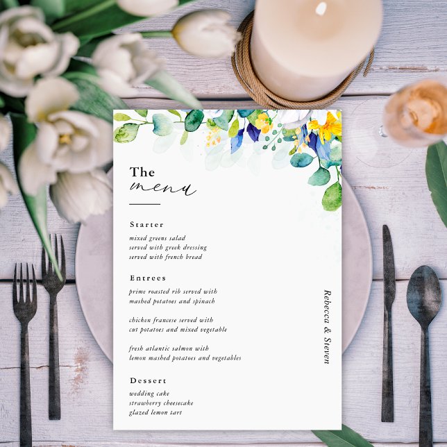 Elegant floral yellow white blue wedding  menu (Creator Uploaded)