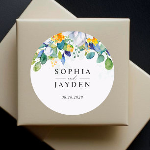 Elegant floral yellow white blue wedding monogram classic round sticker