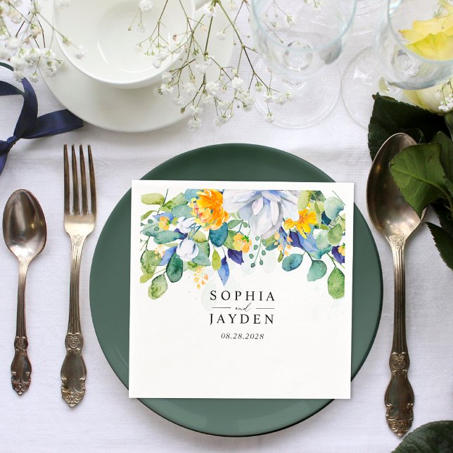 Elegant floral yellow white blue wedding napkin (Creator Uploaded)