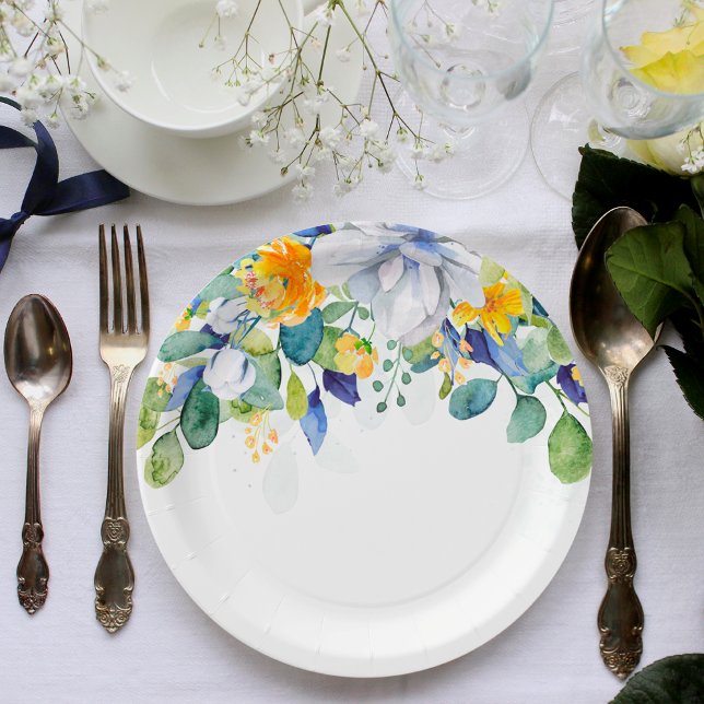 Elegant floral yellow white blue wedding paper plate (Creator Uploaded)