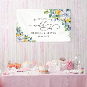 Elegant floral yellow white blue wedding welcome banner