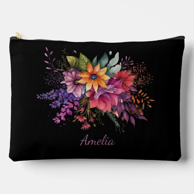Elegant Florals on Black Accessory Pouch (Front)