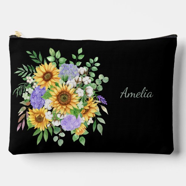 Elegant Florals on Black Accessory Pouch (Front)