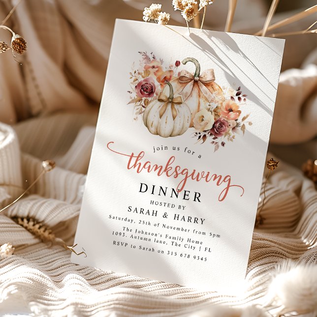 Elegant Florals & Pumpkins Thanksgiving Dinner Invitation (Creator Uploaded)