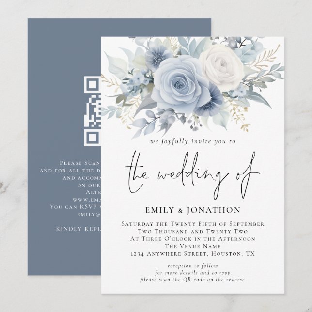 Elegant Florals QR Code Dusty Blue Wedding Invitation (Front/Back)