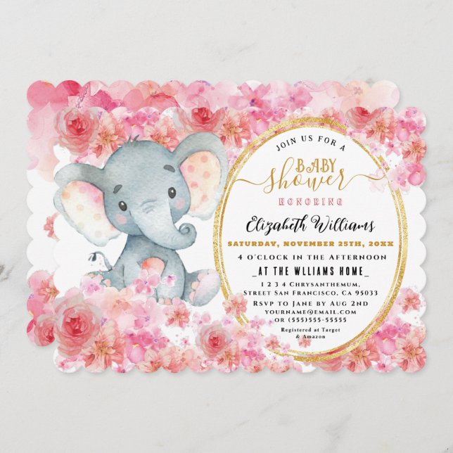 Elegant FloralWatercolor Cute Elephant Baby shower Invitation (Front/Back)