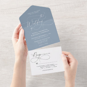 Elegant Flourish Calligraphy Dusty Blue Wedding All In One Invitation