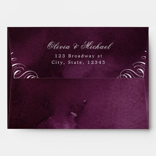 Elegant flourish calligraphy moody plum wedding envelope (Back (Top Flap))