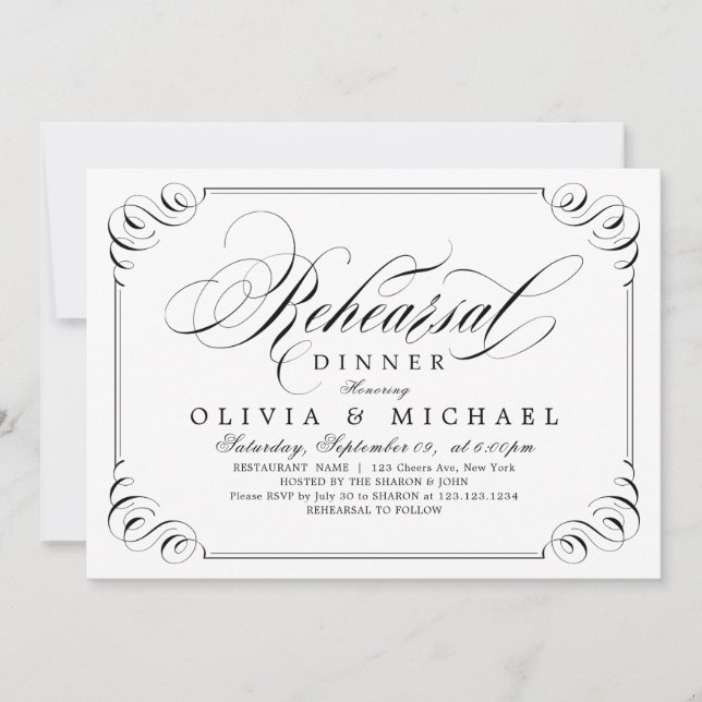 Elegant flourish calligraphy rehearsal dinner invitation (Front)