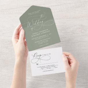 Elegant Flourish Calligraphy Sage Green Wedding All In One Invitation