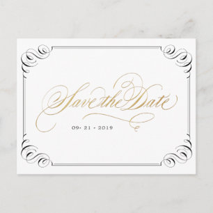Elegant flourish calligraphy vintage save the date announcement postcard