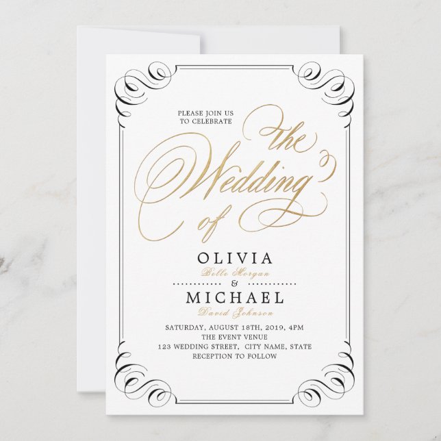 Elegant flourish calligraphy vintage wedding invitation (Front)