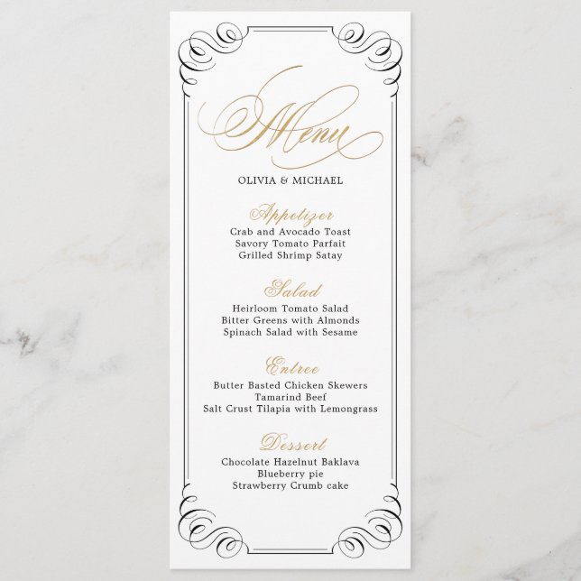 Elegant flourish calligraphy vintage wedding menu (Front)