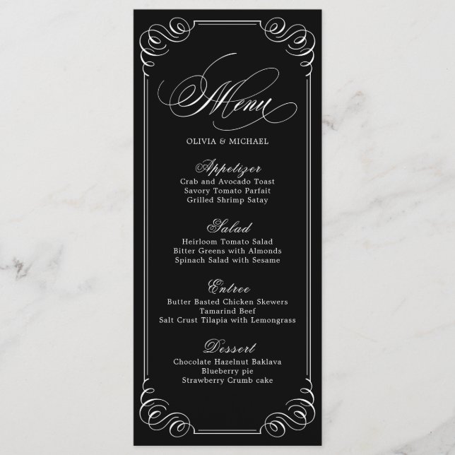 Elegant flourish calligraphy vintage wedding menu (Front)