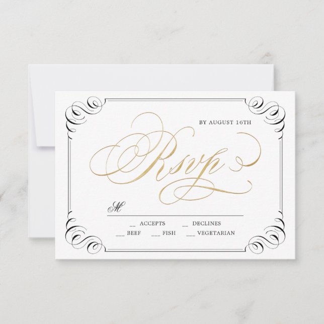 Elegant flourish calligraphy vintage wedding RSVP (Front)
