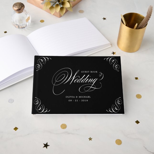 Elegant flourish calligraphy wedding guest book (Front Open)
