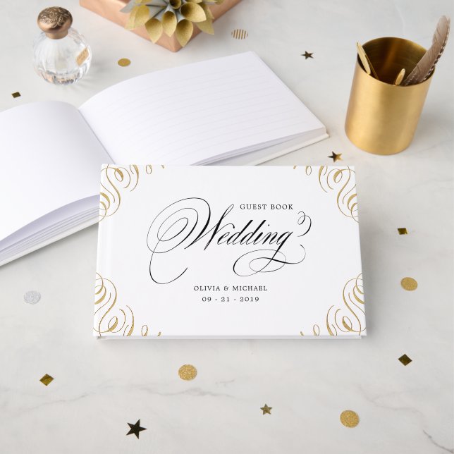 Elegant flourish calligraphy wedding guest book (Front Open)