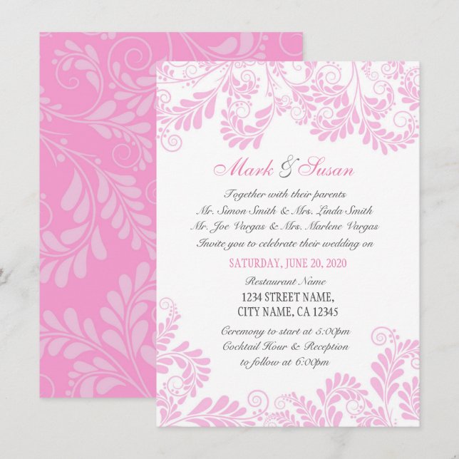 Elegant Flourish Curly Pink Wedding Invitation (Front/Back)