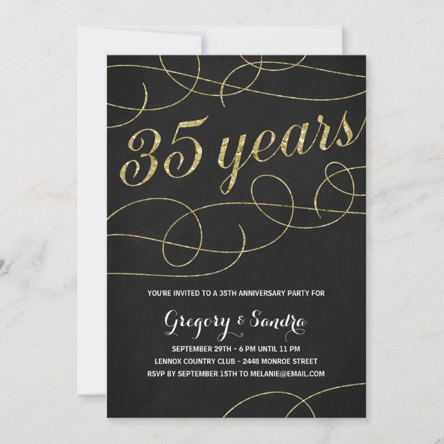 Elegant Flourish | Faux Gold Foil 35th Anniversary Invitation (Front)