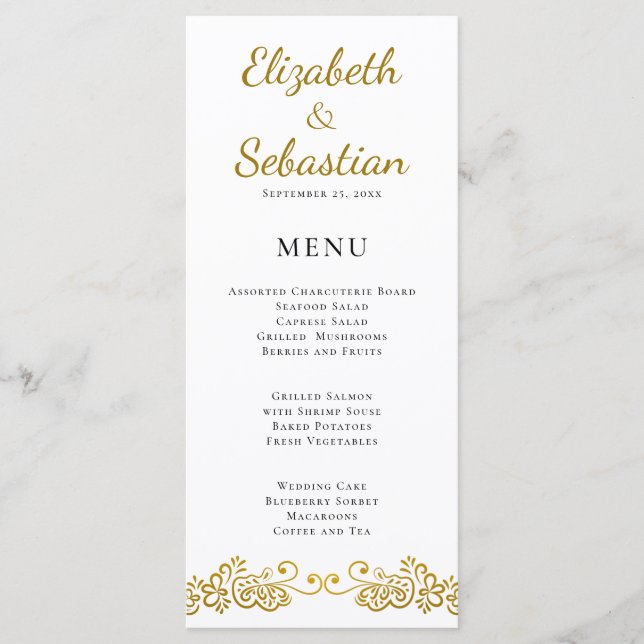 Elegant Flourish Gold & White Wedding Dinner Menu (Front)