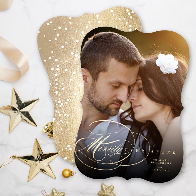 Elegant Flourish Merrily Ever After Wedding Photo Holiday Card (Creator Uploaded)