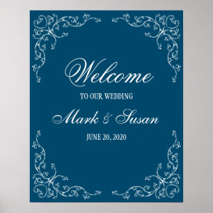 Elegant Flourish Ocean Blue Wedding Welcome Poster