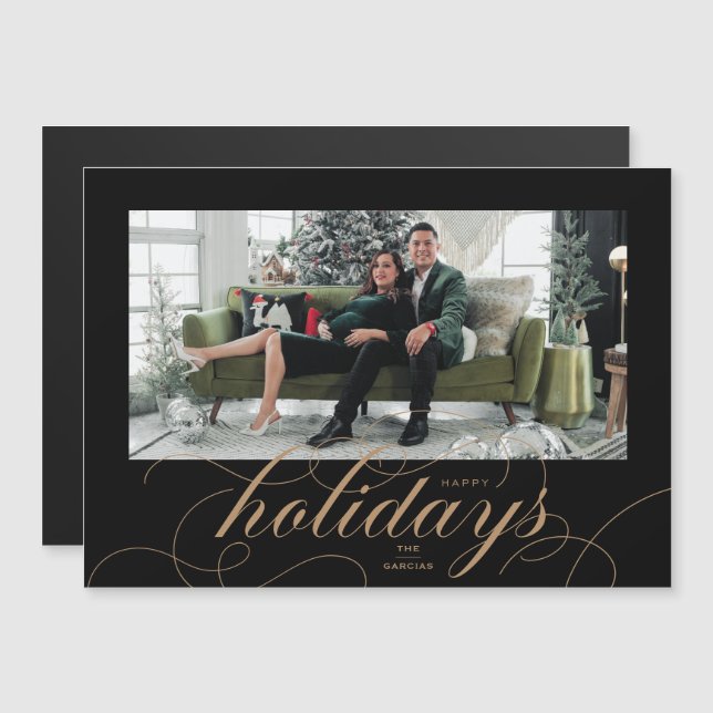 Elegant Flourish Script Black Holiday Photo Card (Front/Back)