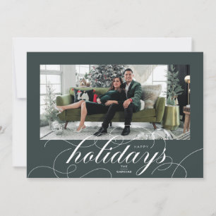 Elegant Flourish Script DkGreen Holiday Photo Card