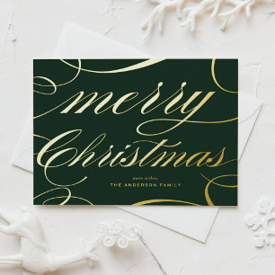 Elegant Flourish Script Green Merry Christmas Foil Holiday Postcard