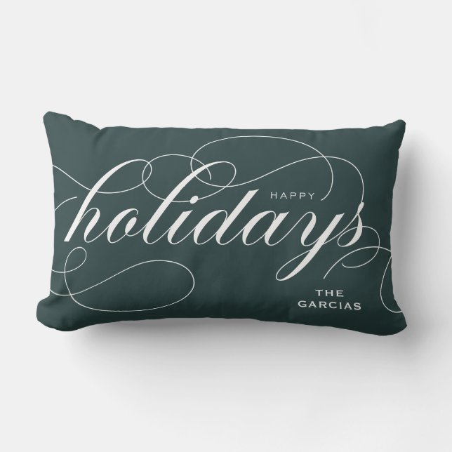Elegant Flourish Script Happy Holidays Green Lumbar Cushion (Front)