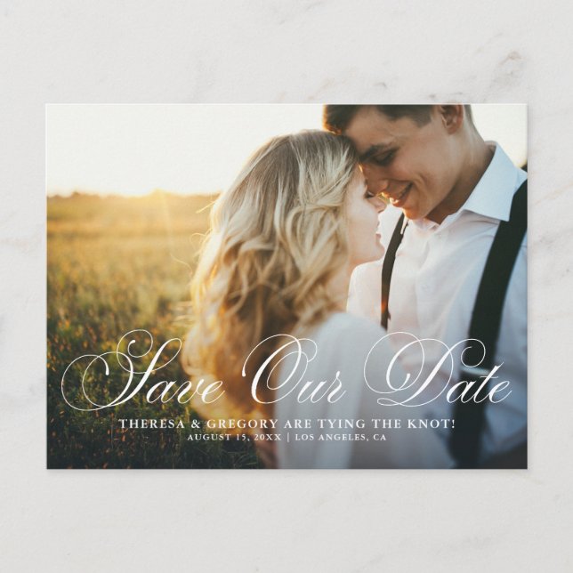 Elegant Flourish Script Photo Save Our Date Postcard (Front)