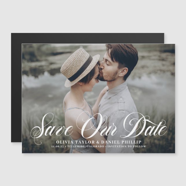 Elegant Flourish Script Photo Save The Date Magnetic Invitation (Front/Back)
